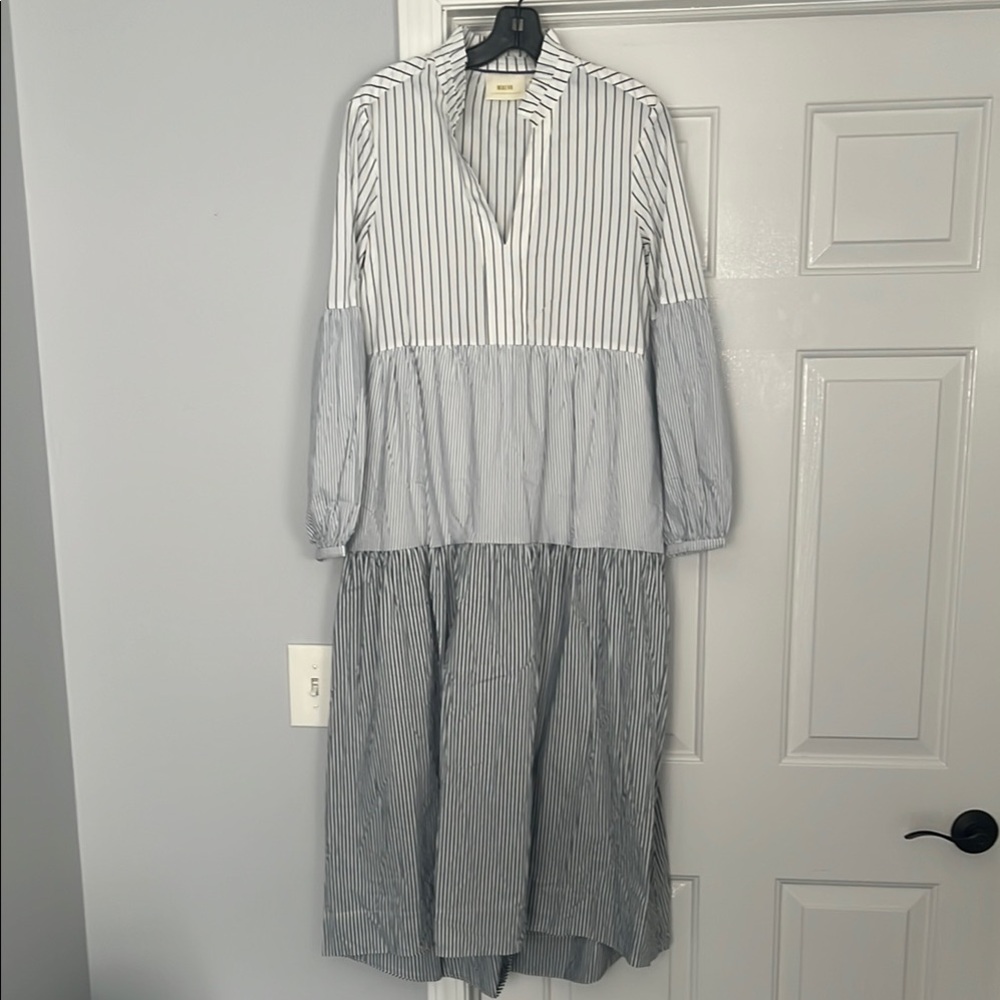Maeve White and Blue Tiered Sundress with Bishop Sleeves